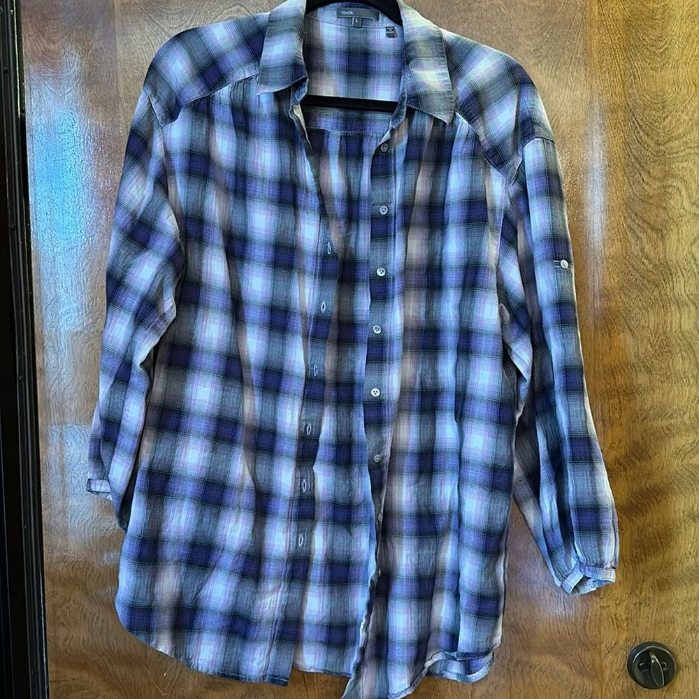 Vince Purple & Gray Plaid Print Button Down Long Sleeve Oversized Blouse ss L